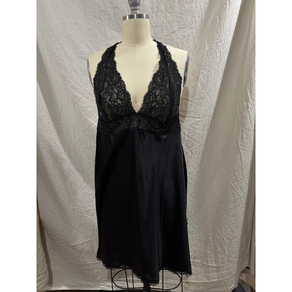 Victorias Secret Black Satin Lace Halter Slip Dress Nightgown Large